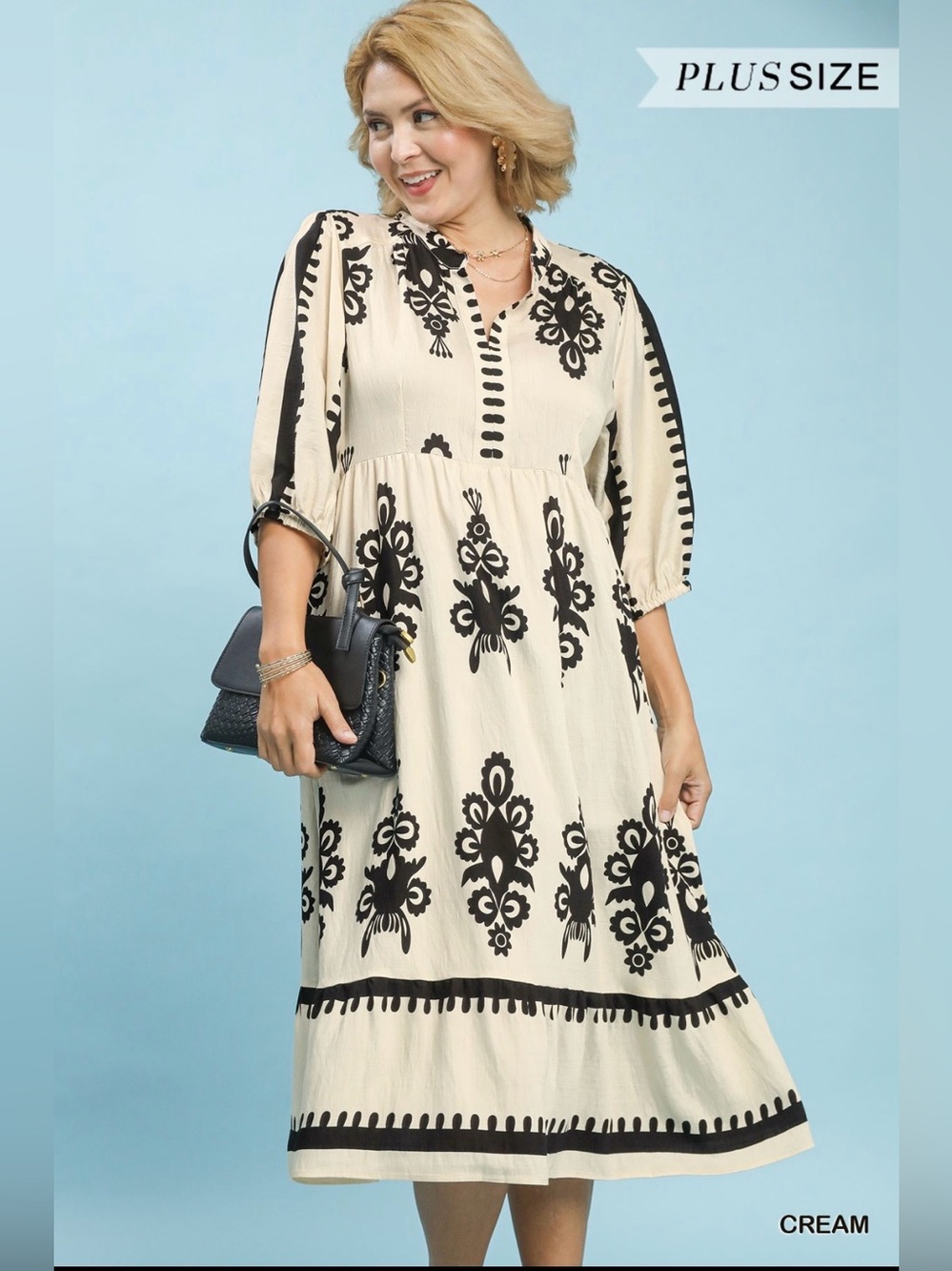 Plus Size Cream Embroidered Midi Dress